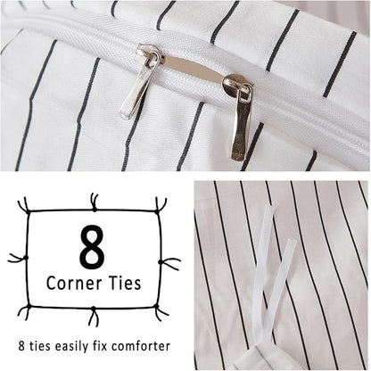 Merryword 100% Cotton Duvet Cover Set Queen Size, Black Pinstripe Duvet Cover Set with Zipper Closure & 8 Corner Ties, Soft Lightweight Comforter Cover, Luxury Linen Like Bedding for All Seasons