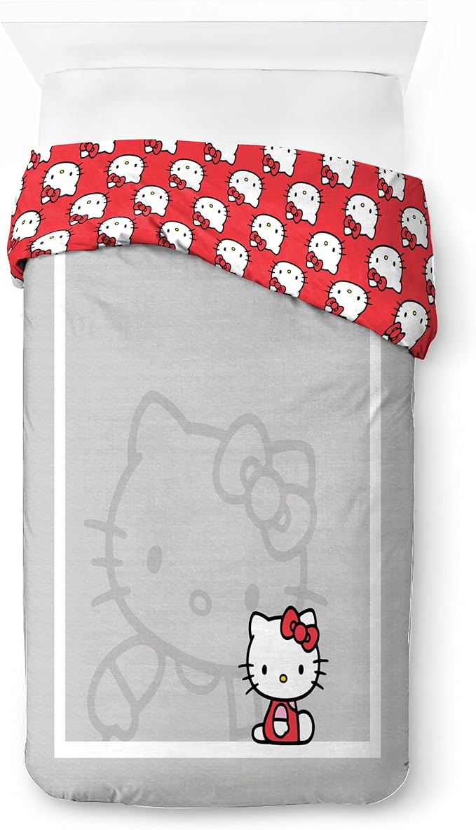 Jay Franco Duvet Cover Set – 2 Piece Comforter Cover and Sham Set, Super Soft Cozy Bedding (Insert Not Included) Grey - Hello Kitty, Twin