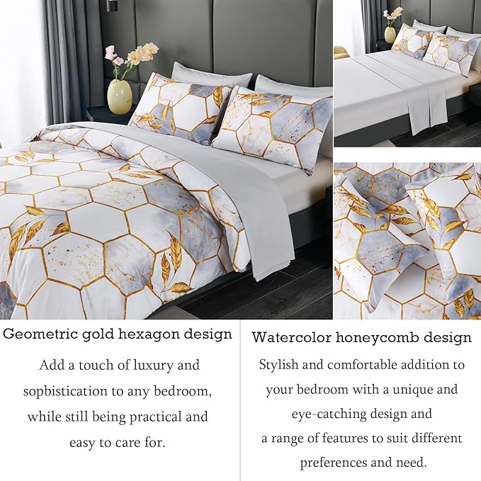 ANGIYUIN 7 Pieces White and Gold Comforter Set King, Geometric Bed Comforter Set Foil Print Bed Set with Sheets, Ultra Soft Lightweight Bed in A Bag for All Season (White King)
