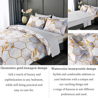 ANGIYUIN 7 Pieces White and Gold Comforter Set King, Geometric Bed Comforter Set Foil Print Bed Set with Sheets, Ultra Soft Lightweight Bed in A Bag for All Season (White King)