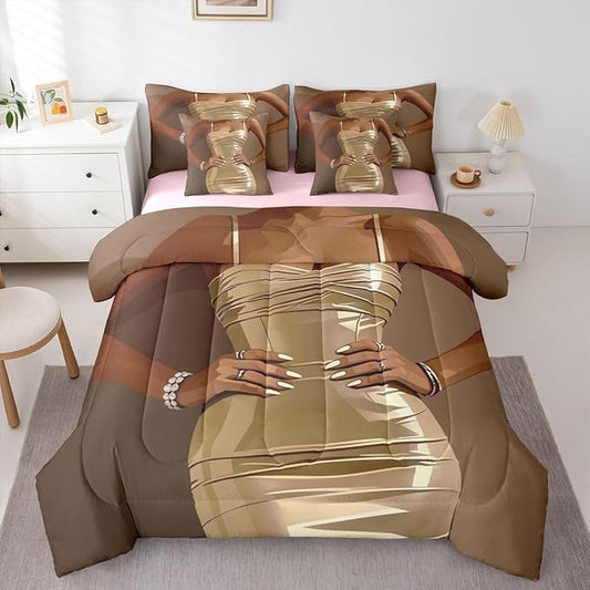 Erosebridal Fashion Black Woman Comforter Sets 7 Piece for Kids Vogue Black Girls Full Sheet Set Fashionable Gorgeous Bedding Set for Girls Women Teens Romantic Fashion Theme Bed in A Bag