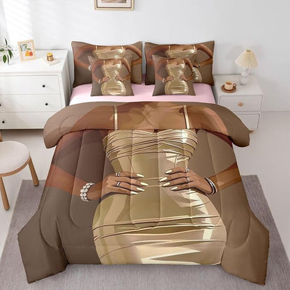 Erosebridal Fashion Black Woman Comforter Sets 7 Piece for Kids Vogue Black Girls King Sheet Set Fashionable Gorgeous Bedding Set for Girls Women Teens Romantic Fashion Theme Bed in A Bag