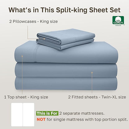 California Design Den Split King Sheet Set - 100% Cotton, 600 Thread Count, Breathable Luxury King Size Sheets for Adjustable Bed, Luxury Hotel-Quality Sheets with Soft Sateen Weave - Blue