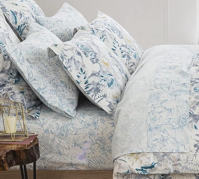 DAUAOTO Cotton Sheets Set California King Size 4 Pieces Flower Bedding Sets, Aqua Blue Floral Pattern, Up to 14" Deep