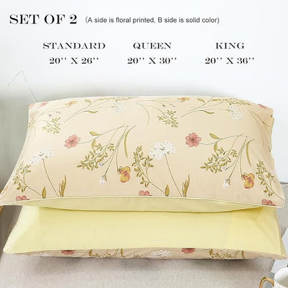 WINLIFE 100% Cotton Pillowcases Set of 2 Garden Flowers Printed Pillow Cases Soft and Breathable Pillow Cover (Queen 20x30'', Beige Floral)