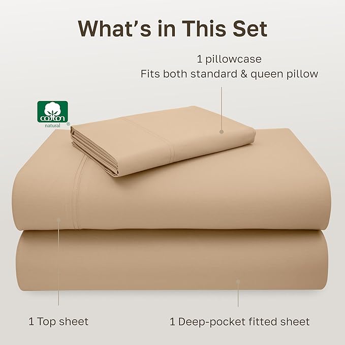 California Design Den Twin Bed Sheets 100% Cotton Sateen, 600 Thread Count, Soft, Twin Sheet Set, Bedding Sheets & Pillowcases (Golden Tan)
