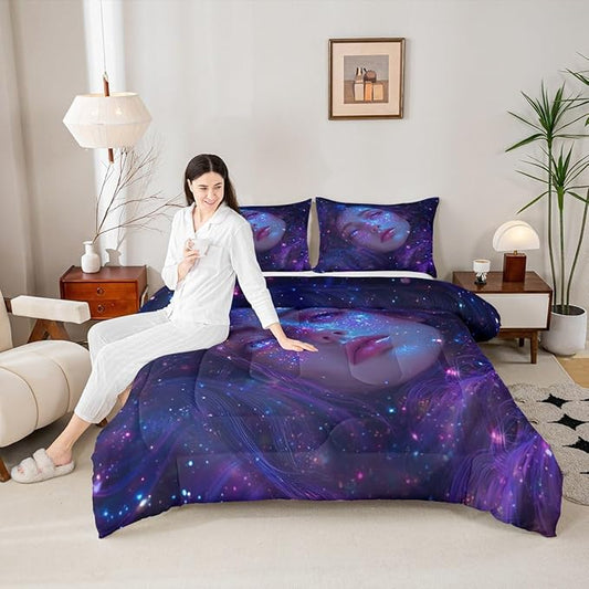 Erosebridal Twin Bedding Sets for Girls Modern Art Fashion Girl Painting Comforter Set, Galaxy Stars Print Duvet Insert Glitter Zodiac Constellation Bed Set Anime Gifts Bedroom Decor