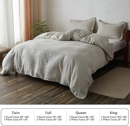Simple&Opulence 100% Washed Linen Duvet Cover Set 88"x92" - 3 Pieces Soft Farmhouse Comforter Set Double Embroidered with Button Closure - 1 Duvet Cover and 2 Pillowshams (Linen, Queen)