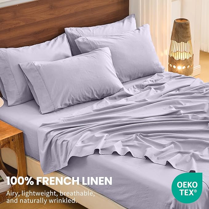 Bedlifes 100% French Linen Sheets Queen Size 18-24”Extra Deep Pocket 4-Piece Set Breathable & Moisture-Wicking,Soft & Durable Sheets for Thick Mattresses(Lavender)