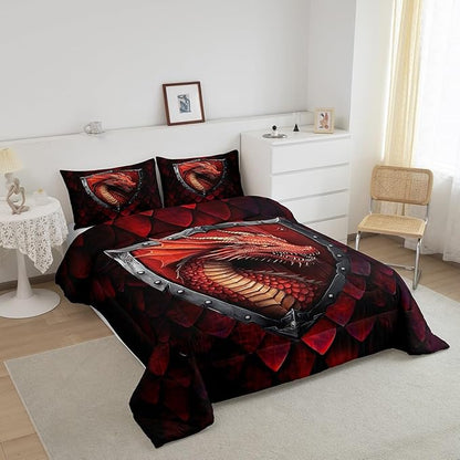 Castle Fairy Dragon Comforter Set Toddler Size 2 Pcs,Dragon Scales Bedding Set,Western Fierce Animals Quilt Set for Child Bedroom,Duvet Insert,1 Pillowcase