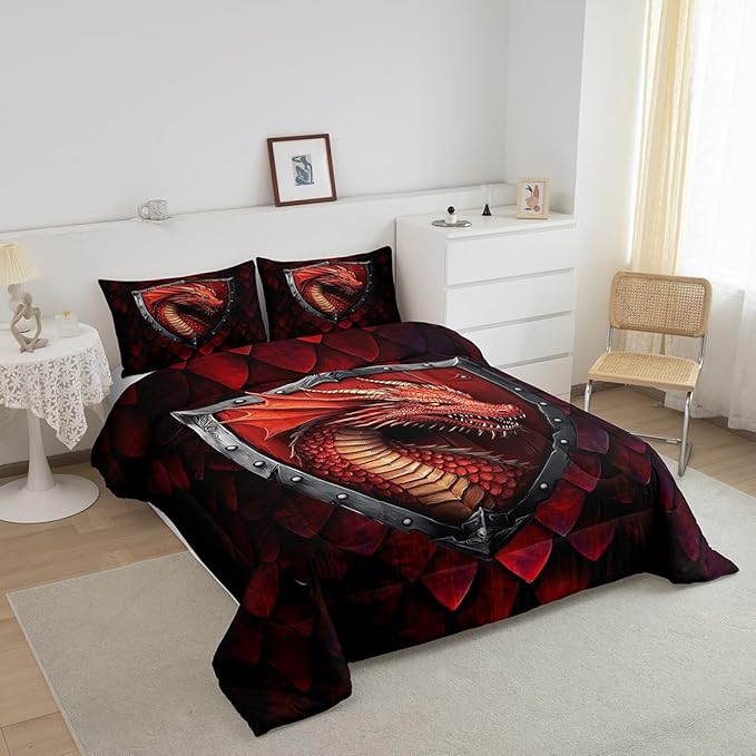 Castle Fairy Dragon Twin Size Comforter Set,Dragon Scales Duvet Set Soft Bed Collection,Western Fierce Animals Bedding Comforter for Boys Girls Bedroom,2 Pcs