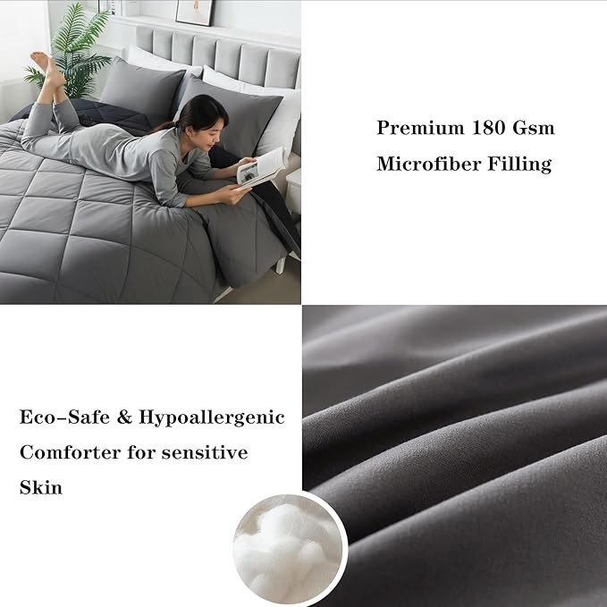 3-Piece Full Comforter Set,All-Season,Soft & Hypoallergenic &Breathable Bedding,Polyester Quilted,Down Alternative(Comforter*1 & Pillowcases*2),Black/Dark Gray