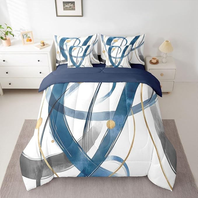 Erosebridal Blue Abstract 7 Piece Comforter Set Queen Modern Gold Grey Line Bedding Set Minimalist Simple Cool Unique Geometric Comforter for Man Teens Fashion Aesthetic Sheet Set Room Decor