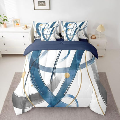 Erosebridal Blue Abstract 7 Piece Comforter Set Queen Modern Gold Grey Line Bedding Set Minimalist Simple Cool Unique Geometric Comforter for Man Teens Fashion Aesthetic Sheet Set Room Decor