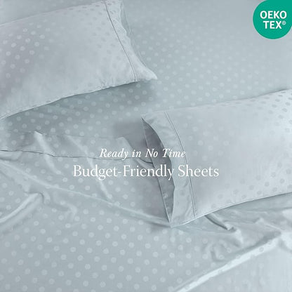Threadmill Cotton Queen Sheet Set | 100% Cotton Sheets for Queen Size Bed | Damask Jacquard Queen Bed Sheets Set with 16” Deep Pocket | Soft Sateen Weave 4-Piece Cooling Bedding Set | Light Blue