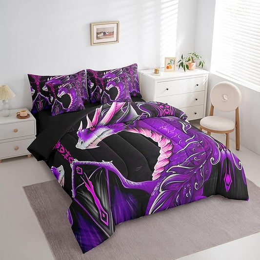 Erosebridal 3D Dragon Comforter Set 7 Piece Bed in a Bag Twin,Vintage Gothic Purple Dragon Bedding Sets Antique Wildlife Mythical Animal Sheet Set with Comforter