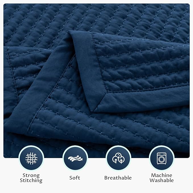KASENTEX Queen Quilt Set 90"x90" – Soft Washed 3-Layer Lightweight Bedspread, Minimalist Nordic Design, All-Season Spring & Summer Quilt Set (1 Quilt + 2 Pillow Shams),Dress Dark Blue