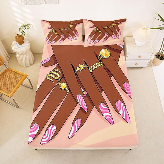 Erosebridal Romantic Makeup Themed Fitted Sheet Queen Size for Girls Fashion Girlish Bedding Set Black Girls Bed Sheets for Kids Teens Adult Women Bedroom Afro Vogue Princess Magical Sheets