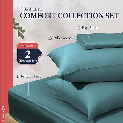 Ashton Sheets 100% Egyptian Cotton Sheets King Size - 1200 Thread Count King Size Sheets Set Egyptian Cotton, 4 PC Luxury Bedsheet (Teal), Soft, Cooling, 17" Deep Pocket Sateen Weave Bedsheet Set