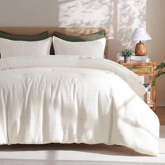 PHF Soft Waffle Comforter Set Twin Size- Comfy Breathable Waffle Weave Comforter with 1 Pillow Shams, 2 Pieces Less Snagging Lightweight Textured Bedding Set for All Season, Cream