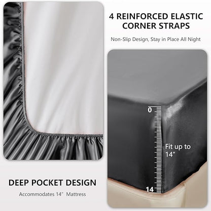 CozyLux Satin Sheets King Size Sheet Set - 4 Piece Silky King Sheets, Luxury Dark Grey King Bed Set with Smooth and Soft Microfiber, Includes 1 Fitted Sheet, 1 Flat Sheet and 2 Pillowcases