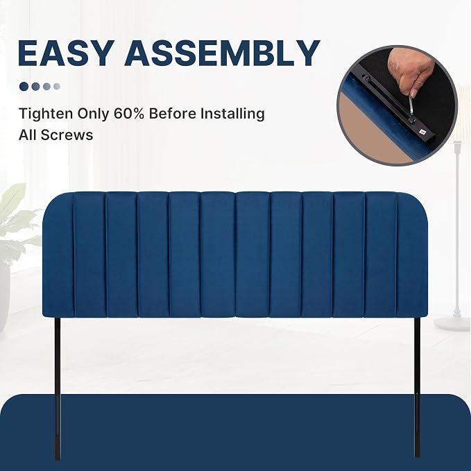 Queen Headboard Only - Upholstered Headboard for Bed, Easy Assembly, Velvet Covered Sponge, Place Between Bed & Wall, Adjustable Metal Legs with Non-Slip Pads, Blue