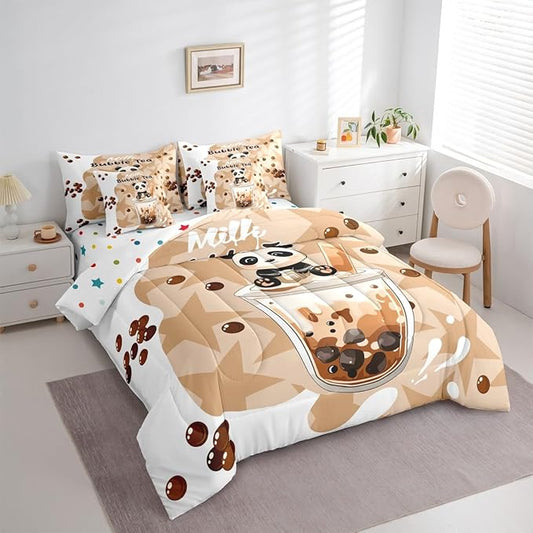 7 Pcs Cartoon Bubble Milk Tea Bedding Sets with Sheets,Comforter,Pillowcases,Pillow Covers Khaki Stars Lovely Milk Graffiti Decor Comforter Set for Kids Boys Girls Teens Bedroom Dorm Bed Set King Size