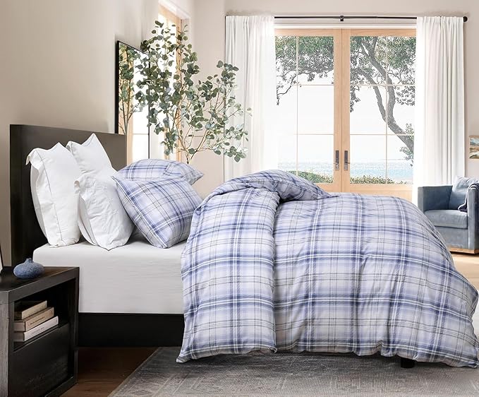 SLEEPBELLA Blue White Grid Duvet Cover Set, 100% Cotton Bedding, Buffalo Plaid Geometric Checker Pattern, with Button Closure (3pcs, Queen Size)