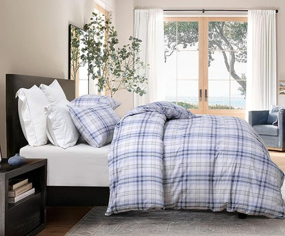 SLEEPBELLA Blue White Plaid Duvet Cover Set, 100% Cotton Bedding, Buffalo Grid Geometric Checker Pattern, with Button Closure (3pcs, King Size)