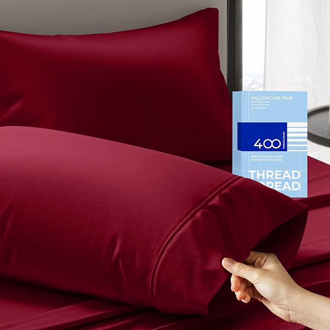 THREAD SPREAD 100% Cotton King Size Pillow Cases Set of 2 - Luxury 400 Thread Count Pillow Cases King Size (Burgundy), Soft Cooling Breathable & Durable Sateen Weave Hotel Quality Cotton Pillowcases