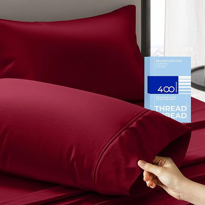 THREAD SPREAD 100% Cotton Pillow Cases Queen Size Set of 2 - Luxury 400 Thread Count Queen Pillow Cases (Burgundy), Soft Cooling Breathable Hotel Quality Cotton Pillowcases, Fits Standard Pillows