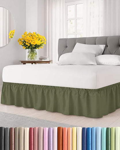 Wrap Around Dust Ruffle Bed Skirt - Sage Green - for Queen Size Beds with 18 Inch Drop - Elastic Strap - Adjustable Pleated Bedskirt with Brushed Fabric and Wrinkle Free - For Women, Men, Kids & Teens