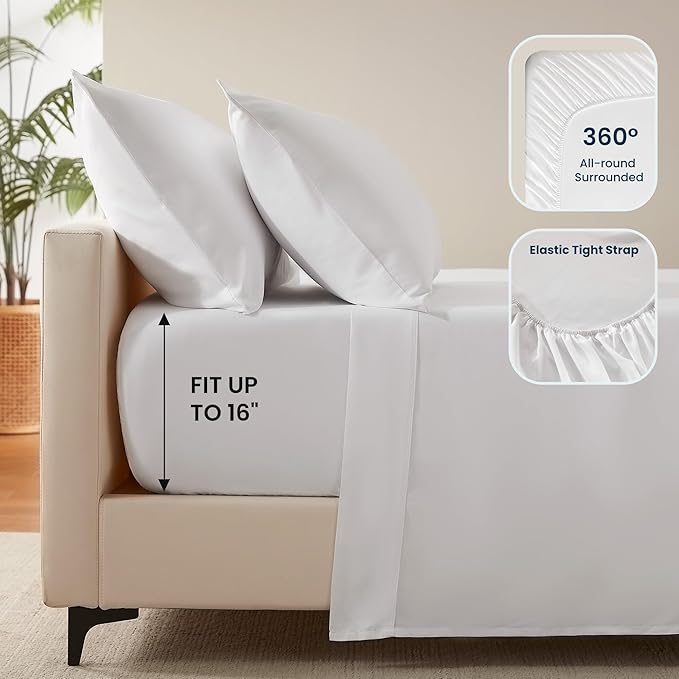 SLEEP ZONE Nanotex Super Soft Cooling Bed Sheets Set Cal King 4 Piece - Easy Care Fitted Flat Sheet & Pillowcase Sets - Wrinkle Free, Fade Resistant, Deep Pocket 16" (White, Cal King)