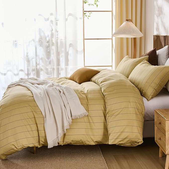 Merryword Yellow Striped Duvet Cover Set King Size, Natural Cotton Bedding Set with Zipper Closure & 8 Corner Ties, Soft Breathable Luxury Linen Like Bedding for All Seasons