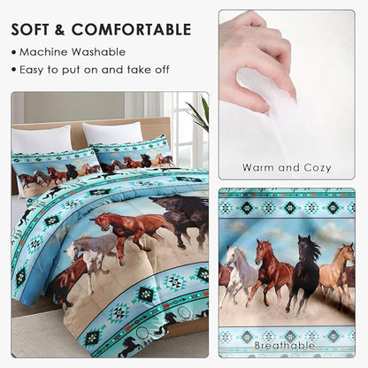 Queen Size Comforter Set with 2 Pillowcases, Horses Desert Animal 3 Pcs Bedding for Kids and Adults, Tribal Farm Sunset Run Soft Comforter Set for Bedroom Bed Decor