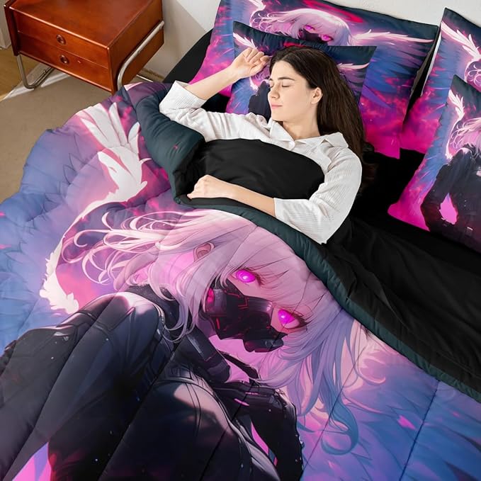 Erosebridal Full Japanese Anime Bed in A Bag Anime Girl Comforter Set with Sheets for Kids Girls Teens Men Bedroom Decor, Cartoon Girl 7 Piece Bedding Set Kawaii Japanese Animation Bed Sets