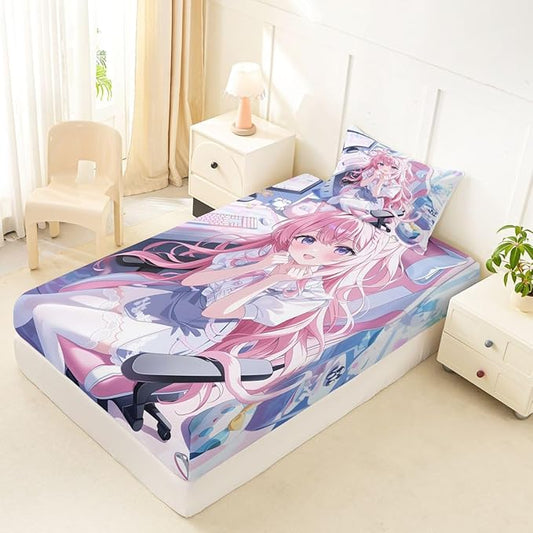 Erosebridal Kawaii Japanese Girl Fitted Sheet for Boys Girls Kids Cartoon Anime Twin Bed Sheets,Girls Gamer Sheets 3D Japanese Style Bedding Sets, No Top Sheet