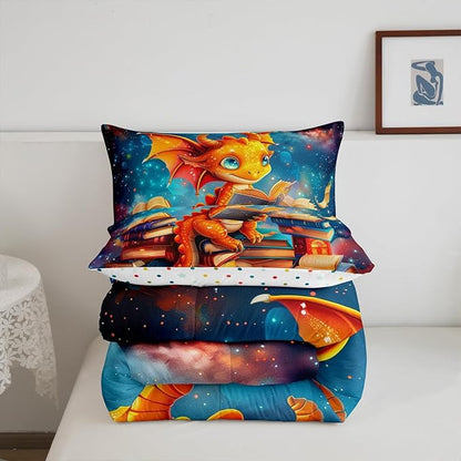 Cartoon Dragon Comforter Set Queen Size,Glitter Star Galaxy Nebula Bedding Set for Kids Boys Girls Room Decor,Magical Book Pattern Duvet Insert 3Pcs,Wild Animal Outer Space Quilt Set,2 Pillowcases