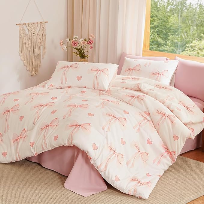 Pink Bow Comforter Set Full Size - 3 Pieces Pink White Heart Comforter Bedding Sets Reversible Pattern,Full Bed in a Bag for Girls Comforter and 2 Pillowcases