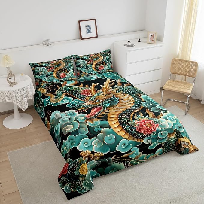 Chinese Loong Comforter Set Toddler Size,Propitious Cloud Bedding Set for Kids Teens Bedroom,Exotic Chinese Style Down Comforter,2 Pcs 1 Pillowcase
