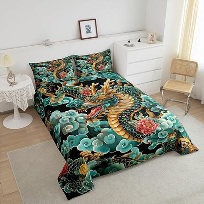 Castle Fairy Chinese Loong Boys Kids Comforter Set Full Size,Exotic Chinese Style Duvet Set Room Decor,Propitious Cloud Brushed Microfiber Soft Bedding Comforter