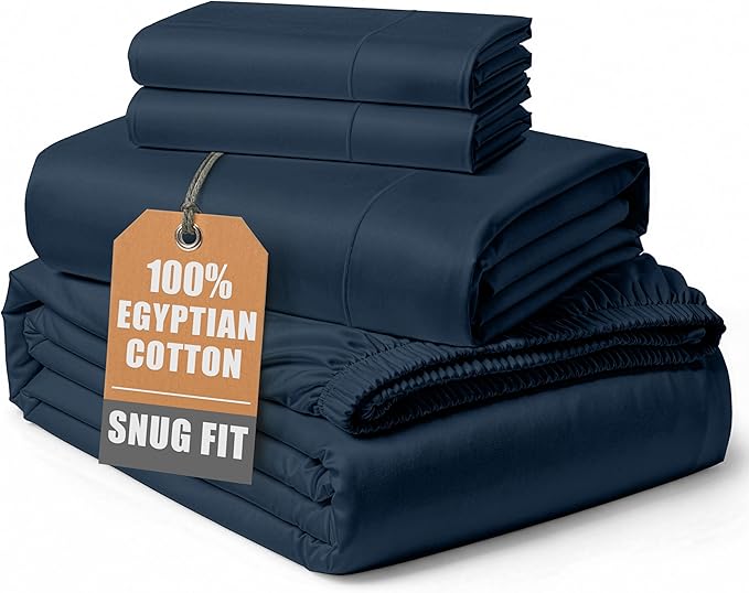 100% Egyptian Cotton Sheets Queen Size - Naturally Cooling & Breathable 4 Piece Silky Sateen Weave Queen Sheet Set, Ultra-Soft & Durable Hotel Luxury Sheets with 15" Snug Fit Deep Pockets - Dark Denim