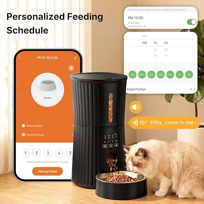 NEWBULIG 4L Automatic Cat Feeder with APP, 2.4G WiFi Pet Feeders, Black | Applicable for Dry Food, 19.5 Cups, Programmable Schedule, 10 Meals/Day, 50 Portions/Meal, 10s Voice Recorder, Dual Power