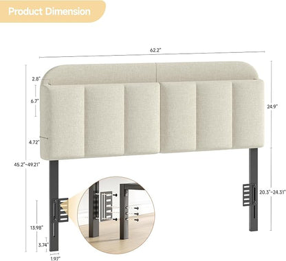 Adjustable Headboard for Full/Queen Size Bed Frame, Linen Fabric Bed Headboard with Storage & RGB LED Light in Modern Vertical Channel Design, White