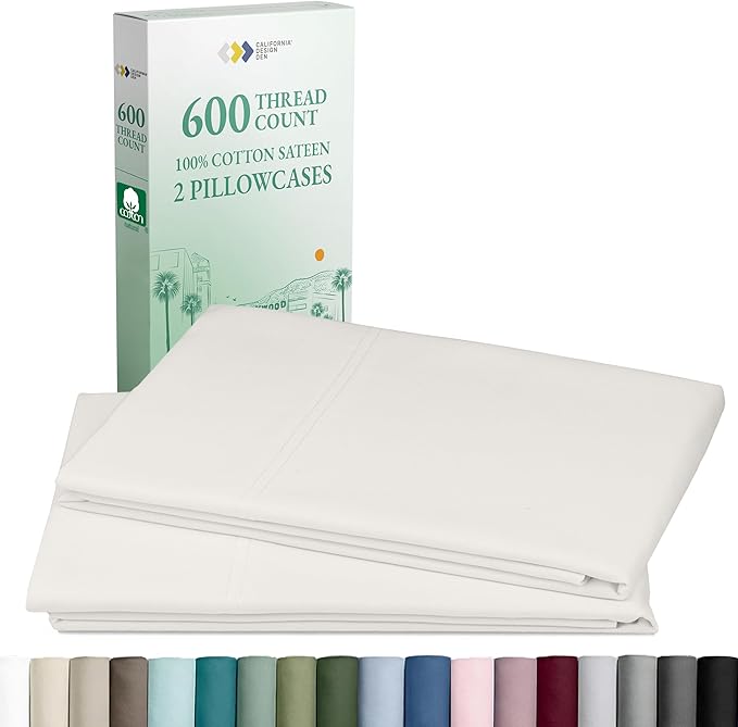 California Design Den Luxuriously Soft 100% Cotton Pillowcases Queen Size Set of 2-600 Thread Count Sateen, Fits Standard & Queen Pillows - True Ivory