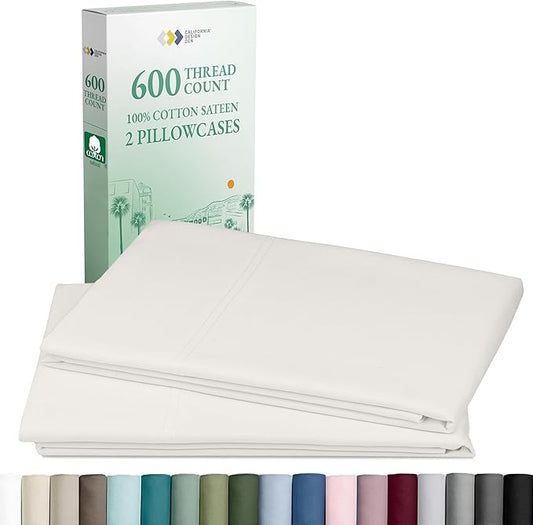 California Design Den Luxuriously Soft 100% Cotton Pillowcases Queen Size Set of 2-600 Thread Count Sateen, Fits Standard & Queen Pillows - True Ivory