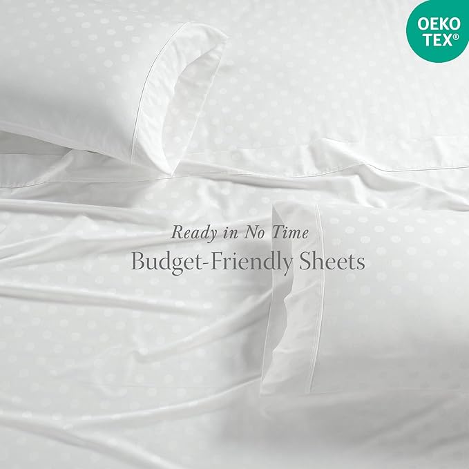Threadmill Cotton Full Size Sheet Set | 100% Cotton Sheets for Full Size Bed | Damask Jacquard Full Bed Sheets Set with 16” Deep Pocket | Soft Sateen Weave 4-Piece Cooling Bedding Set | White