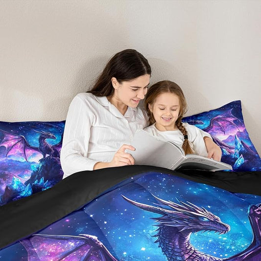 Castle Fairy Dragon Twin Size Comforter Set for All Seasons,Wild Animals Bedding Set Teens Bedroom Decor,Iceberg Starry Sky Purple Comforter Inner Fill with 1 Pillowcase