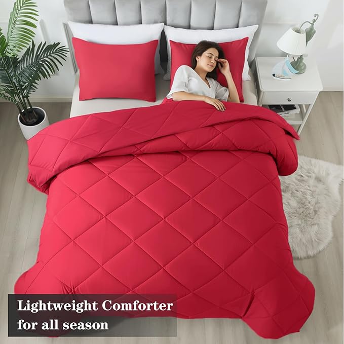 3-Piece King Comforter Set,All-Season,Soft & Hypoallergenic &Breathable Bedding,Polyester Quilted,Down Alternative(Comforter*1 & Pillowcases*2),Bright Red