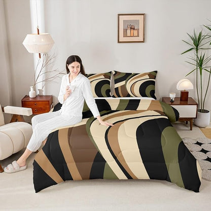 Castle Fairy Stripes Comforter Set Twin Size Brown Black Green Swirls Bedding Set 2pcs for Kids Boys Men Room Decor Vintage Abstract Styles Quilt Set Microfiber Duvet Insert with 1 Pillowcase